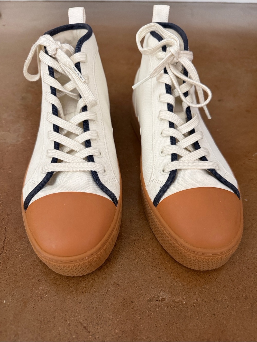 Tory Burch Nola High Top Canvas Sneakers Ivory Navy Women’s Size 10 NWOT - Picture 2 of 8